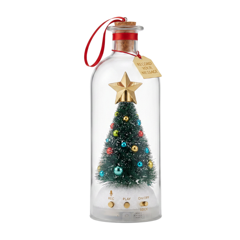 Meltique Record-a-Message Christmas Tree — corked glass bottle with red ribbon, gold tag, decorated tree and REC/PLAY buttons