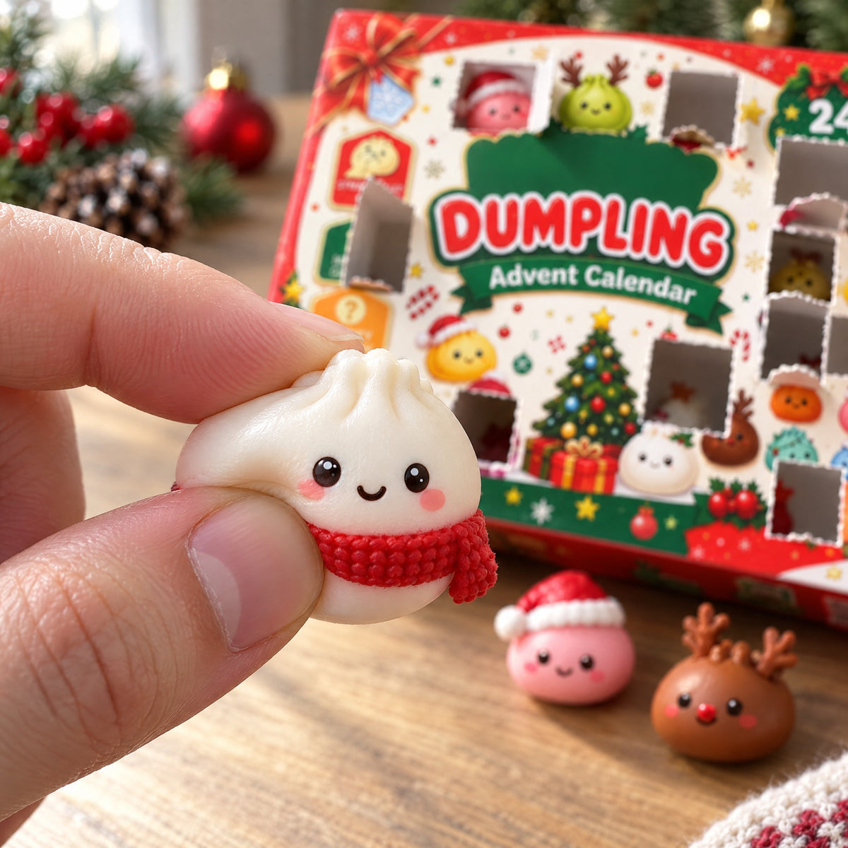 Close-up: squeezing the mini white dumpling squishy with the red scarf — true palm size