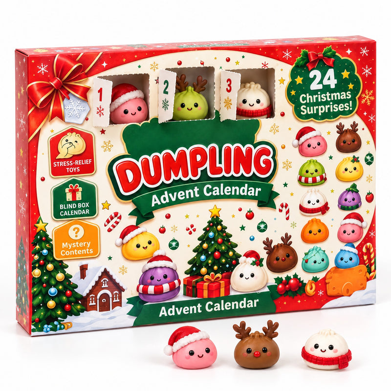 Meltique Dumpling Advent Calendar — red and green box with 24 numbered doors, three doors open with mini dumpling squishies