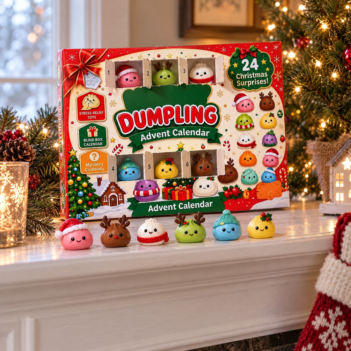 The calendar on the Christmas mantel with six mini dumplings lined up after the first six doors