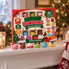 The calendar on the Christmas mantel with six mini dumplings lined up after the first six doors