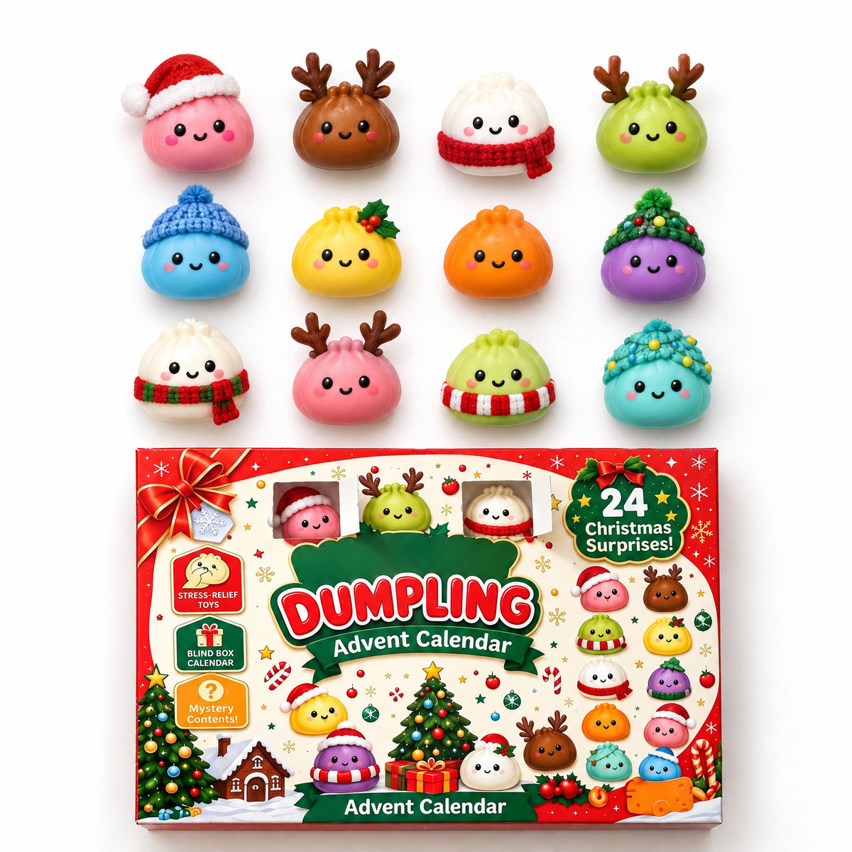 What's inside: the twelve mini dumpling designs that appear across the 24 doors