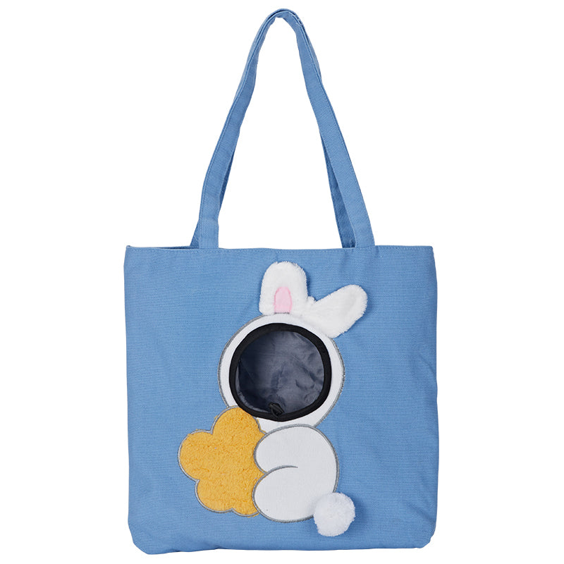 Meltique Peek-a-Boo Canvas Pet Tote in blue with a padded front window and bunny ears