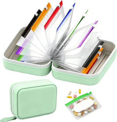 Meltique Color-Coded Travel Pill Organizer — mint zip case fanned open with 14 colour-coded pouches