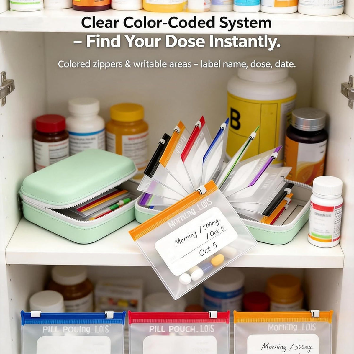 Colour-coded zips and writable labels make each dose easy to find