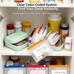 Colour-coded zips and writable labels make each dose easy to find