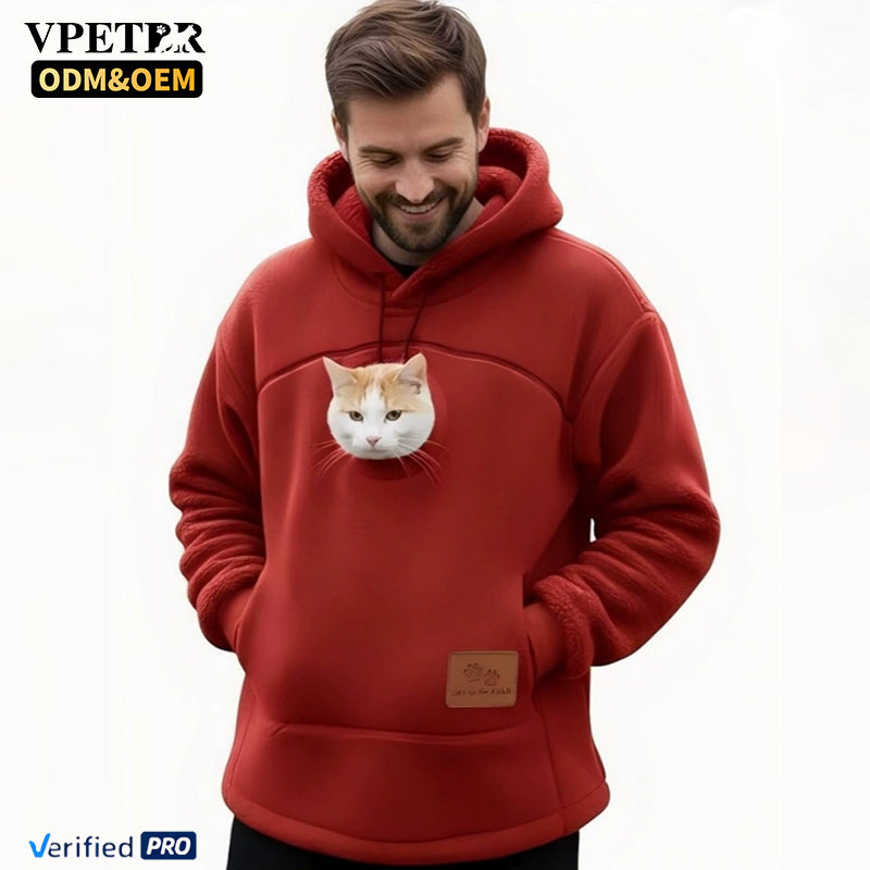 Meltique Pet Pouch Hoodie in red with a cat resting in the front pouch