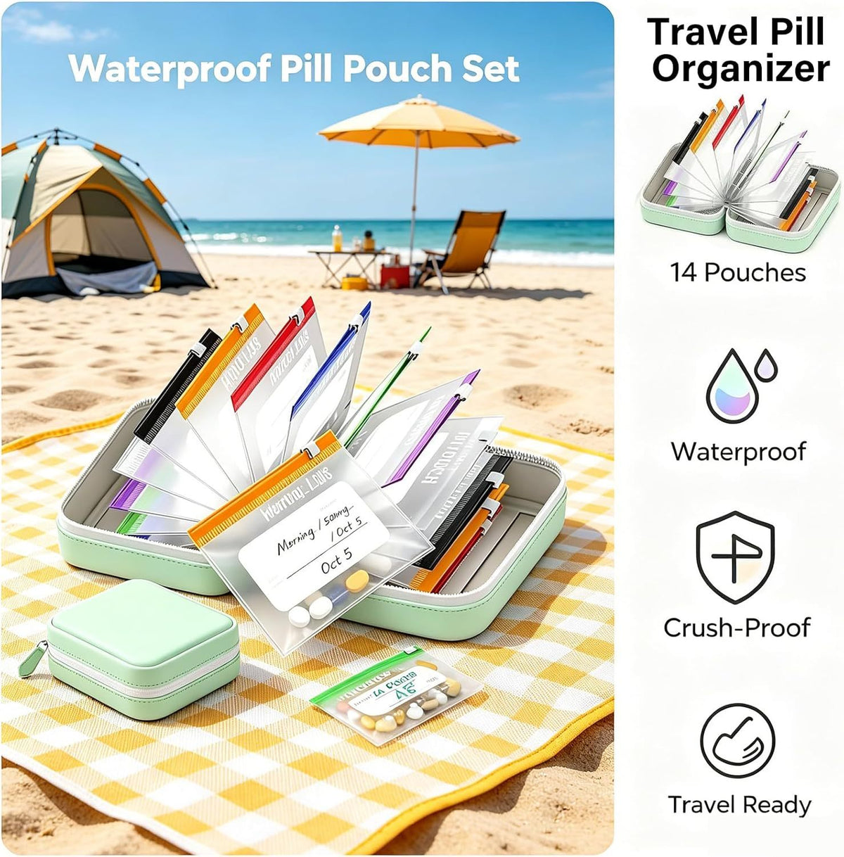 Waterproof, crush-proof and travel ready — 14 pouches included