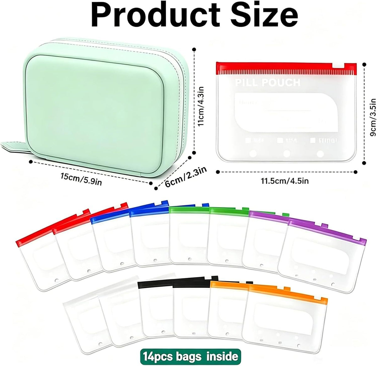 Product size: case 15 x 11 x 6 cm, pouches 11.5 x 9 cm