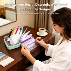 Writing the day and dose on a pouch label at a desk