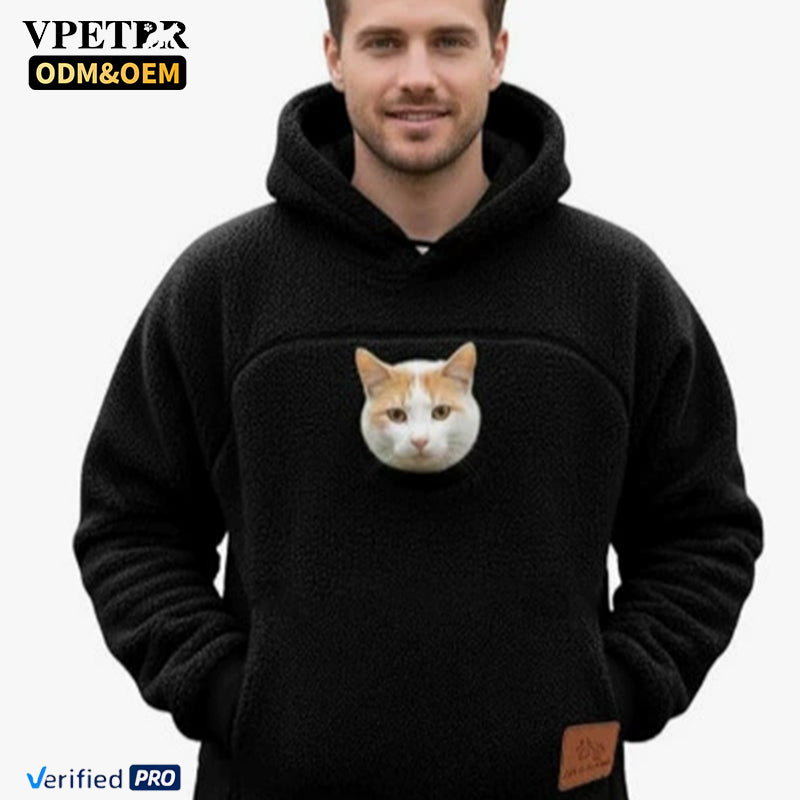 Black pet pouch hoodie with a cat in the lined kangaroo pouch