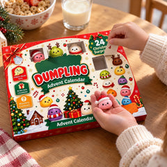 A child opening door 4 and holding the mini pink Santa-hat dumpling in their palm
