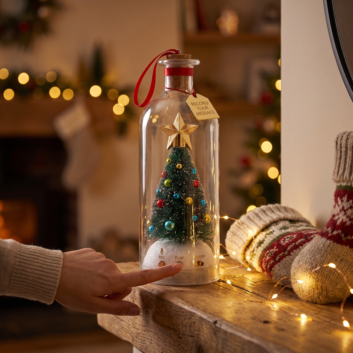 Pressing PLAY on the snow base to hear the recorded message — on the Christmas mantel