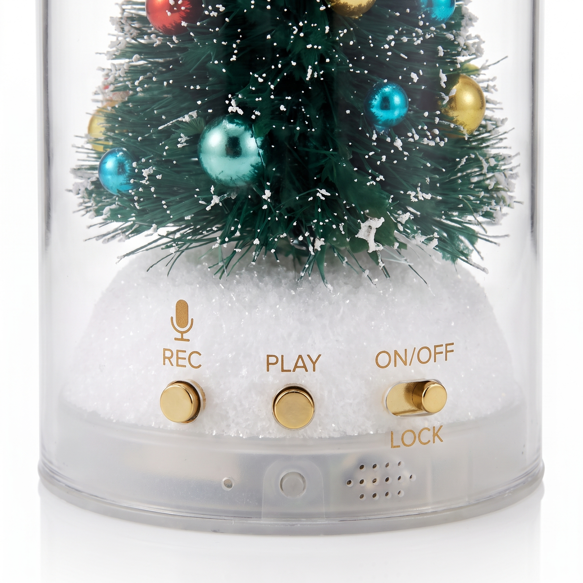 Close-up: REC and PLAY buttons, ON/OFF lock switch and speaker on the snow base