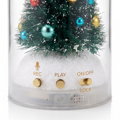Close-up: REC and PLAY buttons, ON/OFF lock switch and speaker on the snow base