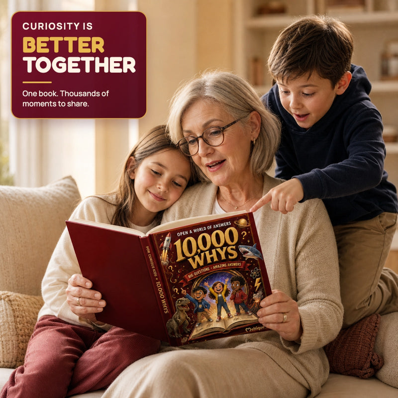 A grandmother reading 10,000 Whys with two children
